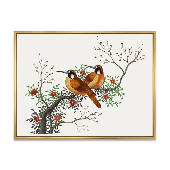 Designart 'A Flowering Tree Branch With Two Chinese Birds' Traditional Framed Canvas Wall Art Print