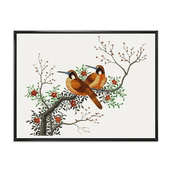 Designart 'A Flowering Tree Branch With Two Chinese Birds' Traditional Framed Canvas Wall Art Print