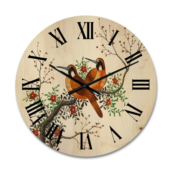 Designart 'A Flowering Tree Branch With Two Chinese Birds' Traditional Wood Wall Clock