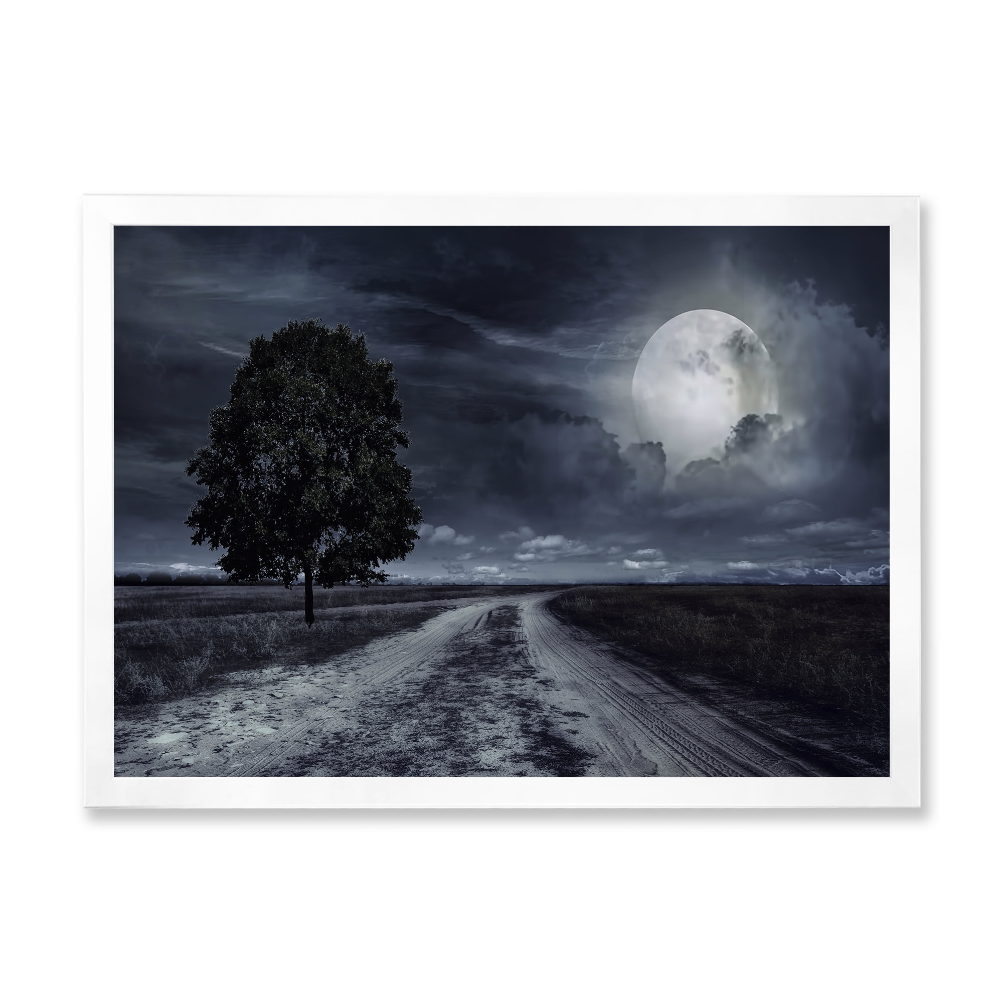 Designart 'A Full Moon Over Paved Road' Nautical & Coastal Framed Art Print