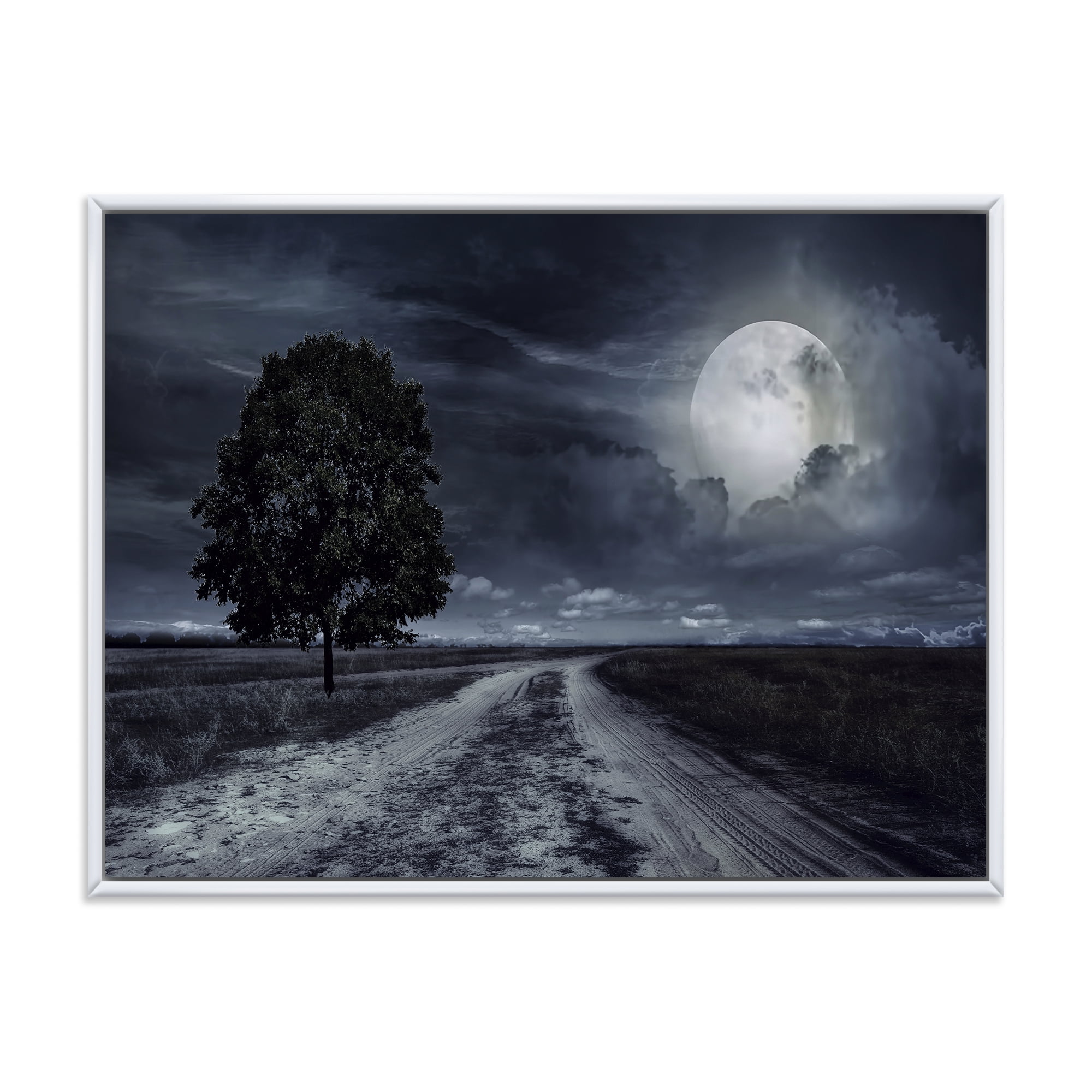 Designart 'A Full Moon Over Paved Road' Nautical & Coastal Framed Canvas Wall Art Print
