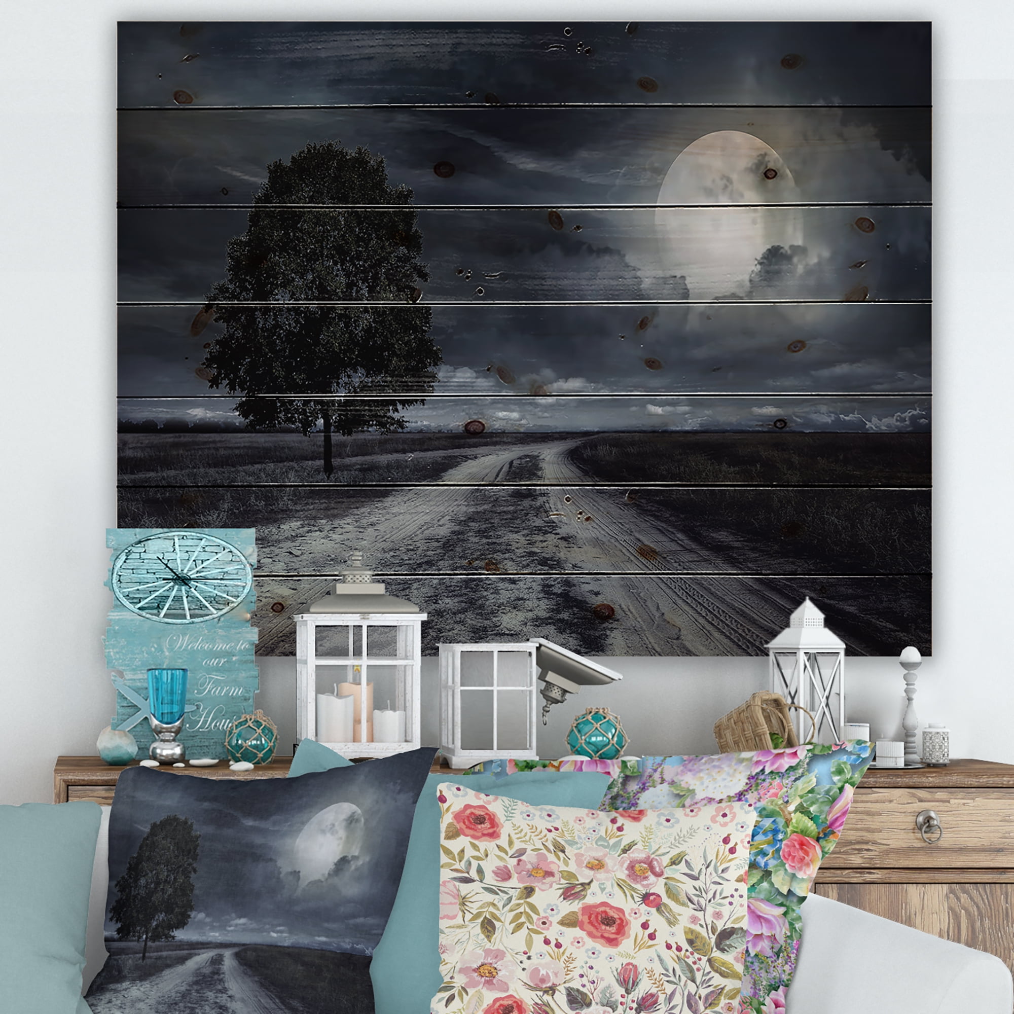 Designart 'A Full Moon Over Paved Road' Nautical & Coastal Print on Natural Pine Wood