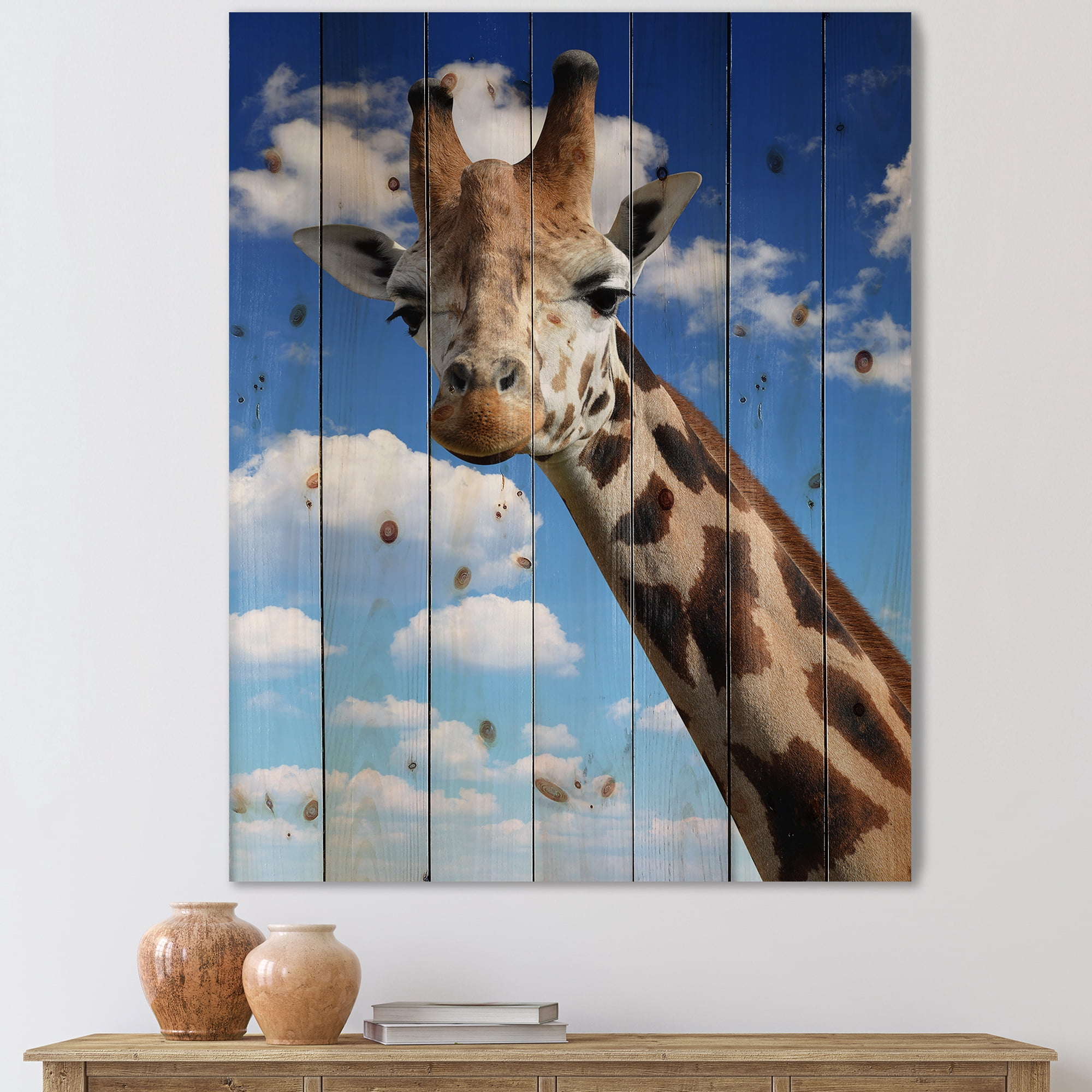 Designart 'A Giraffe On A Blue Sky Portrait' Farmhouse Print on Natural Pine Wood