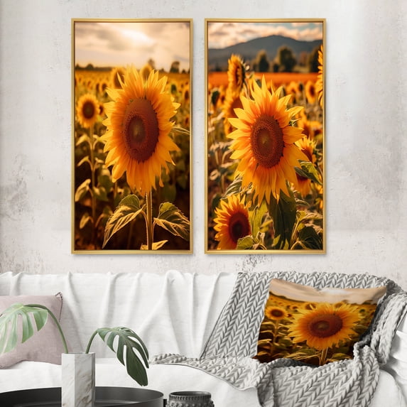 Designart "A Golden Sunflower Set Against the Sunset II" Floral Framed Wall Art Set Of 2 - Yellow Floral Framed Canvas Set For Living Room Decor