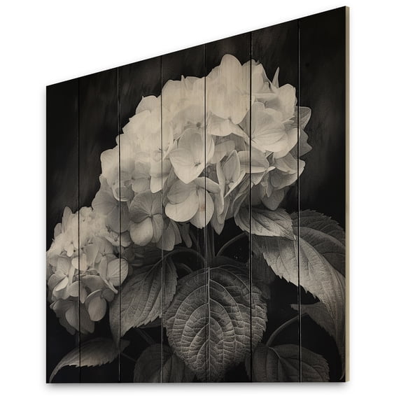 Designart "A Grey and White Hydrangea Blossom II" Floral Print on Natural Pine Wood