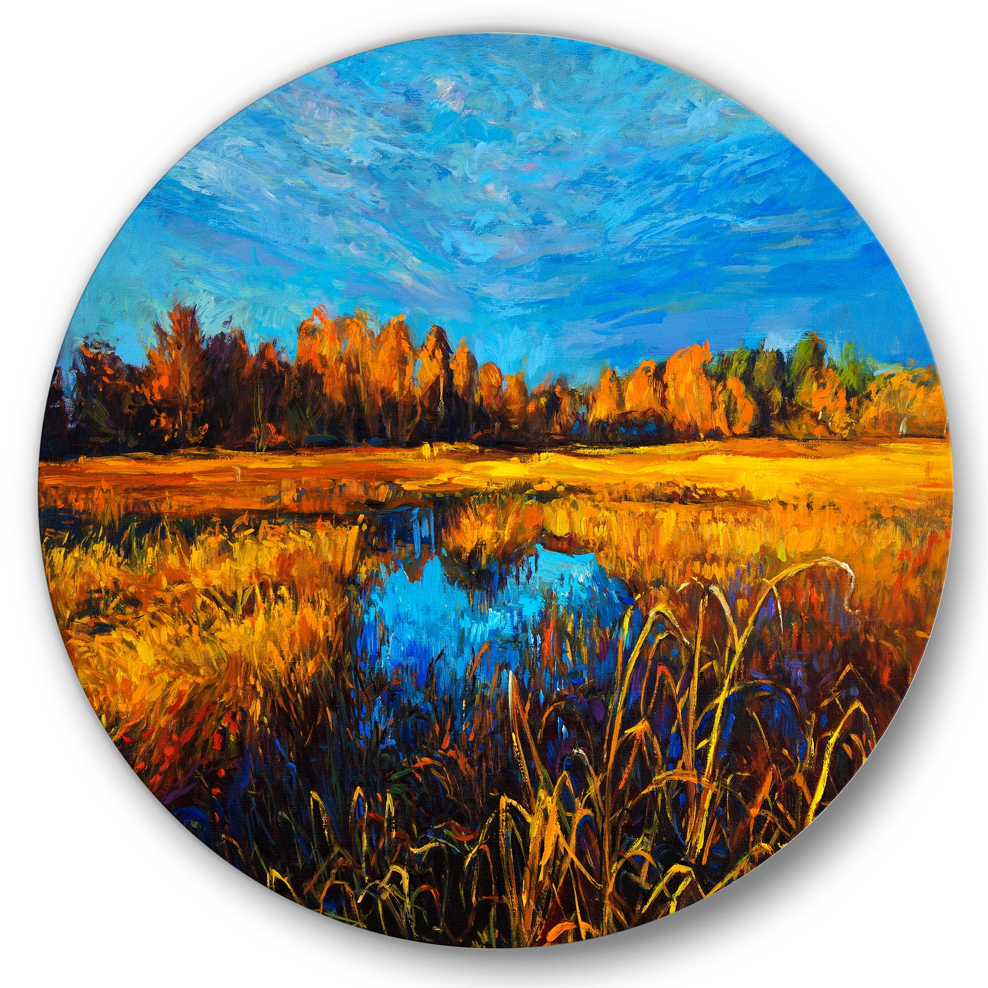 Designart 'A Light Blue Sky Over Orange Meadows' Traditional Circle Metal Wall Art 23x23 - Disc of 23