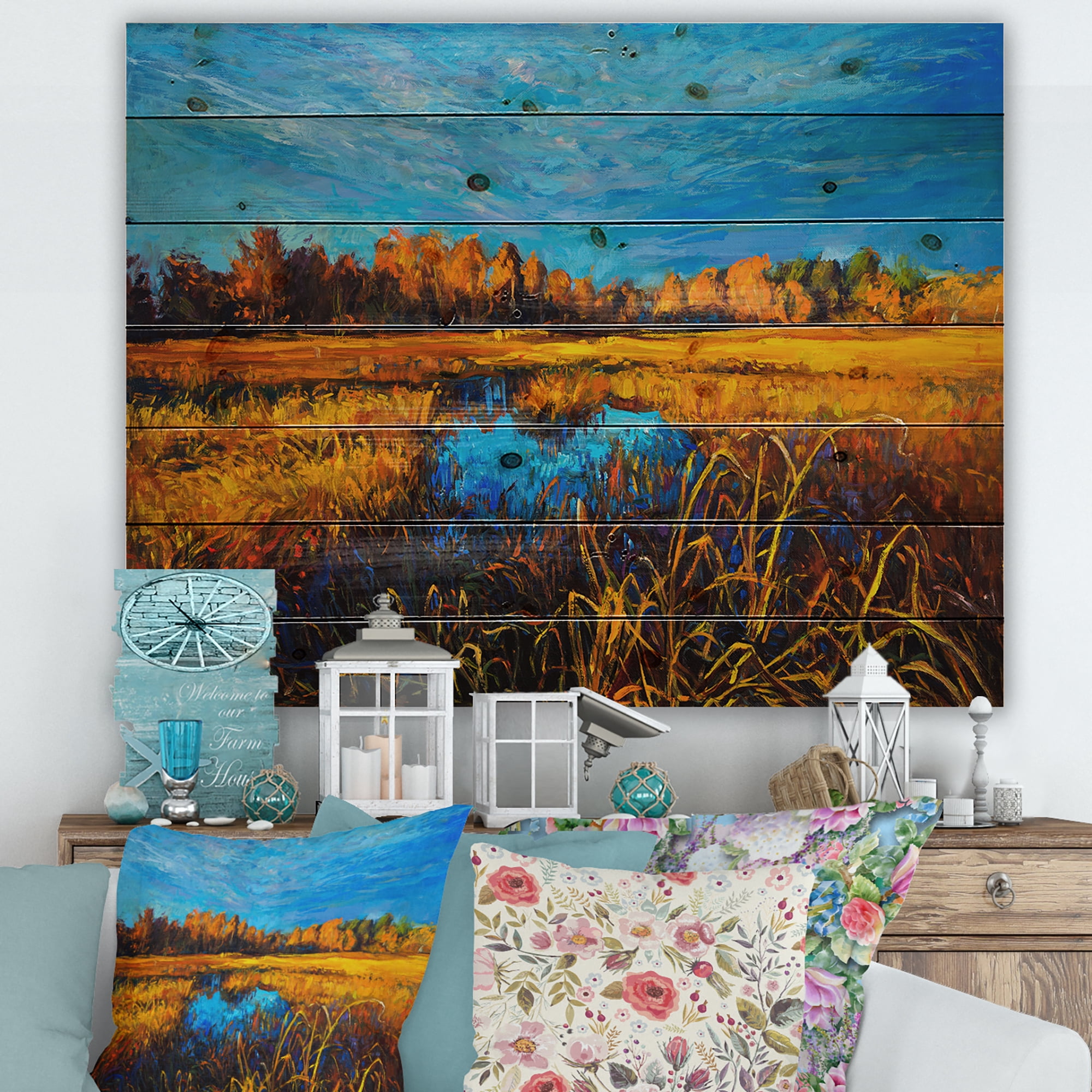 Designart 'A Light Blue Sky Over Orange Meadows' Traditional Print on Natural Pine Wood