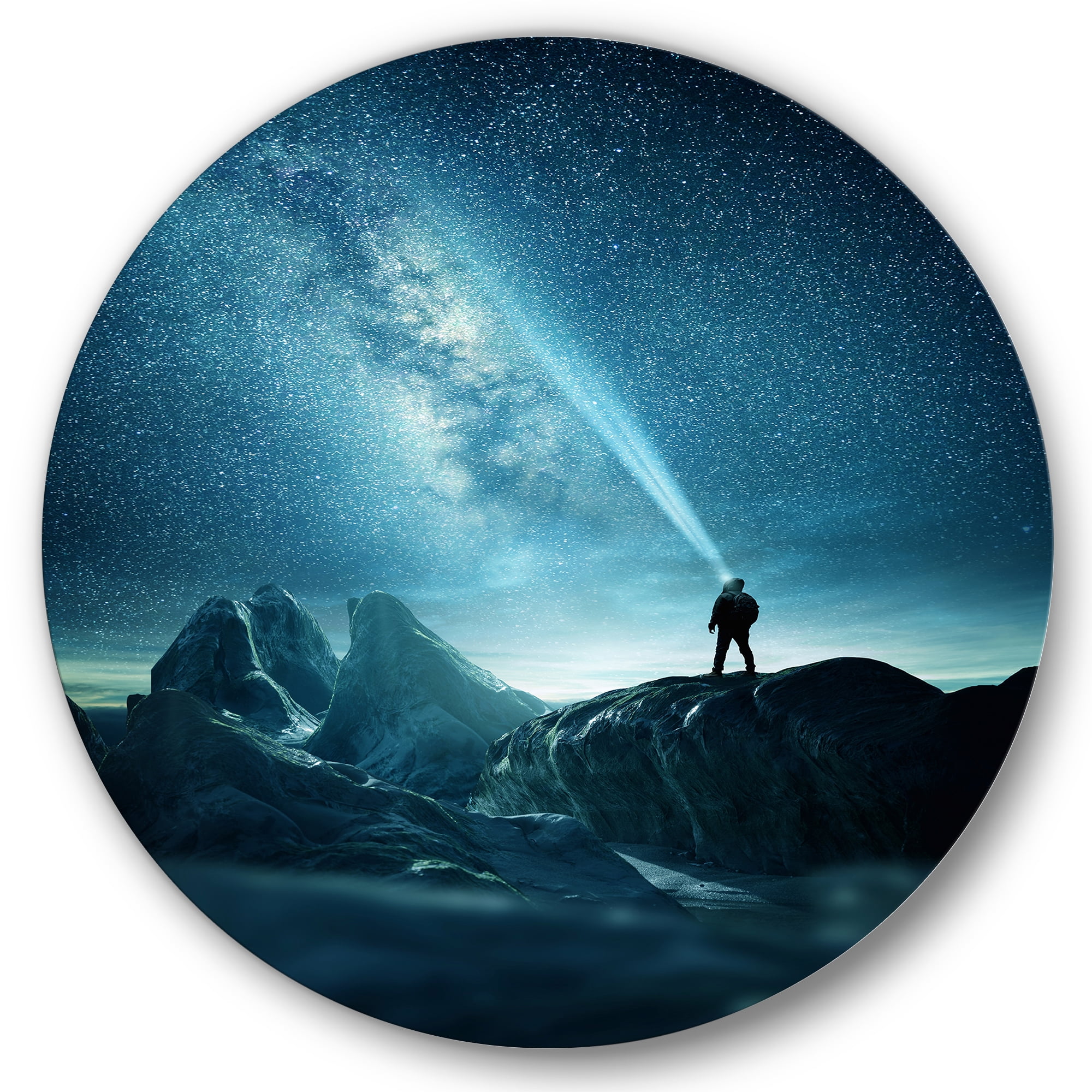 Designart 'A Light Shining by A Man Shining Into The Night Sky' Modern Circle Metal Wall Art 23x23 - Disc of 23