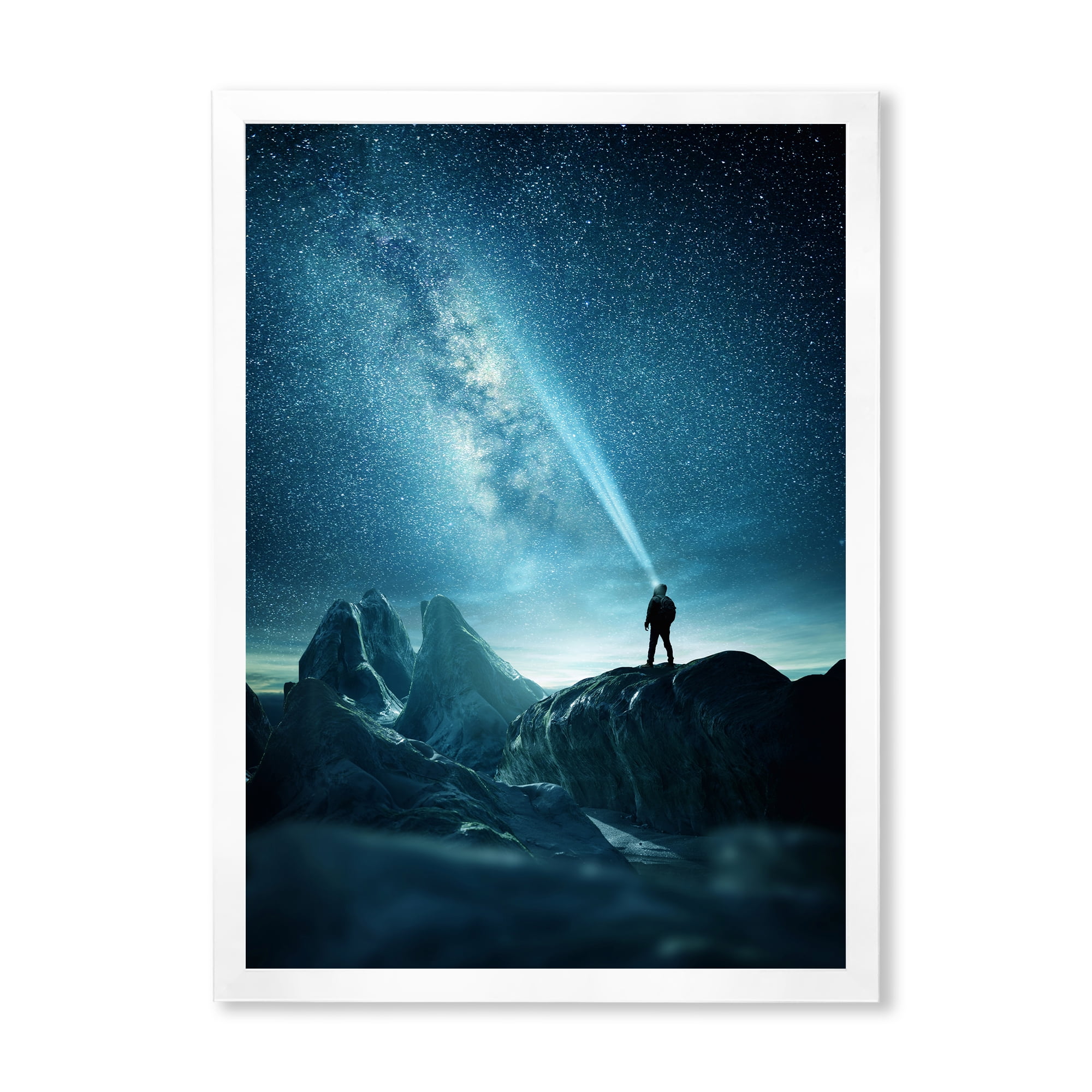 Designart 'A Light Shining by A Man Shining Into The Night Sky' Modern Framed Art Print
