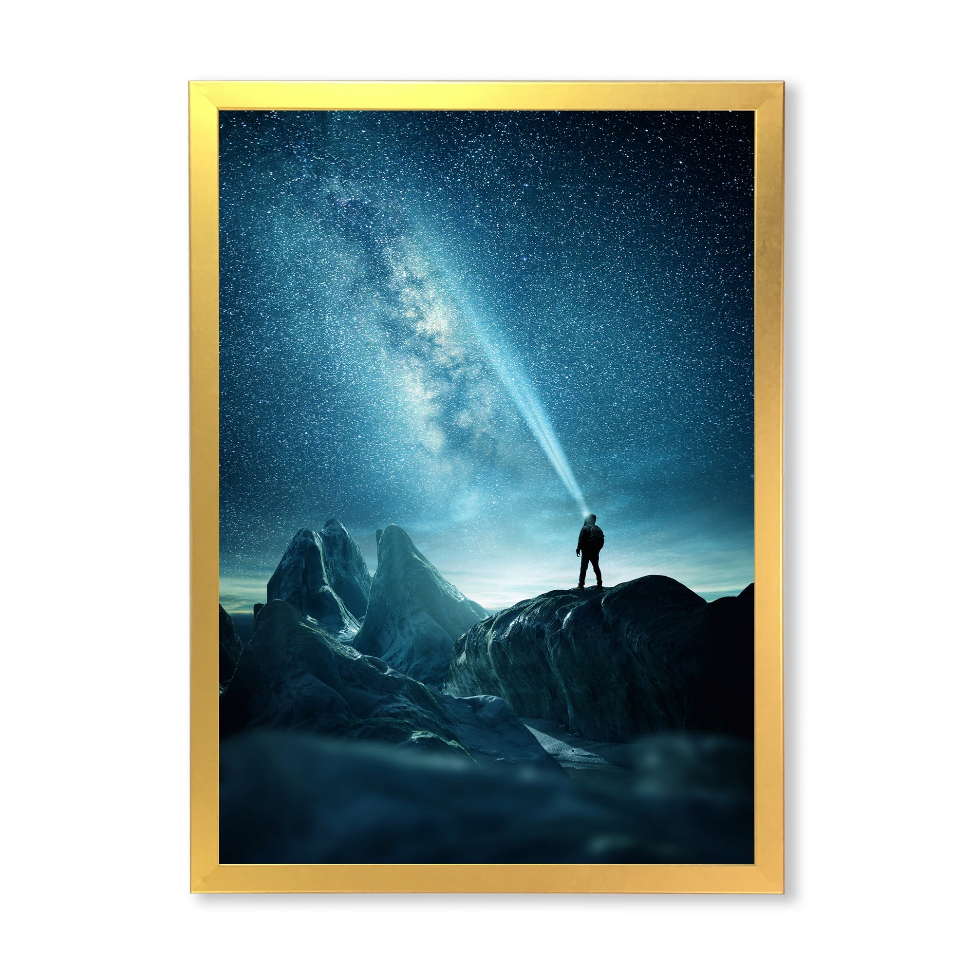 Designart 'A Light Shining by A Man Shining Into The Night Sky' Modern Framed Art Print