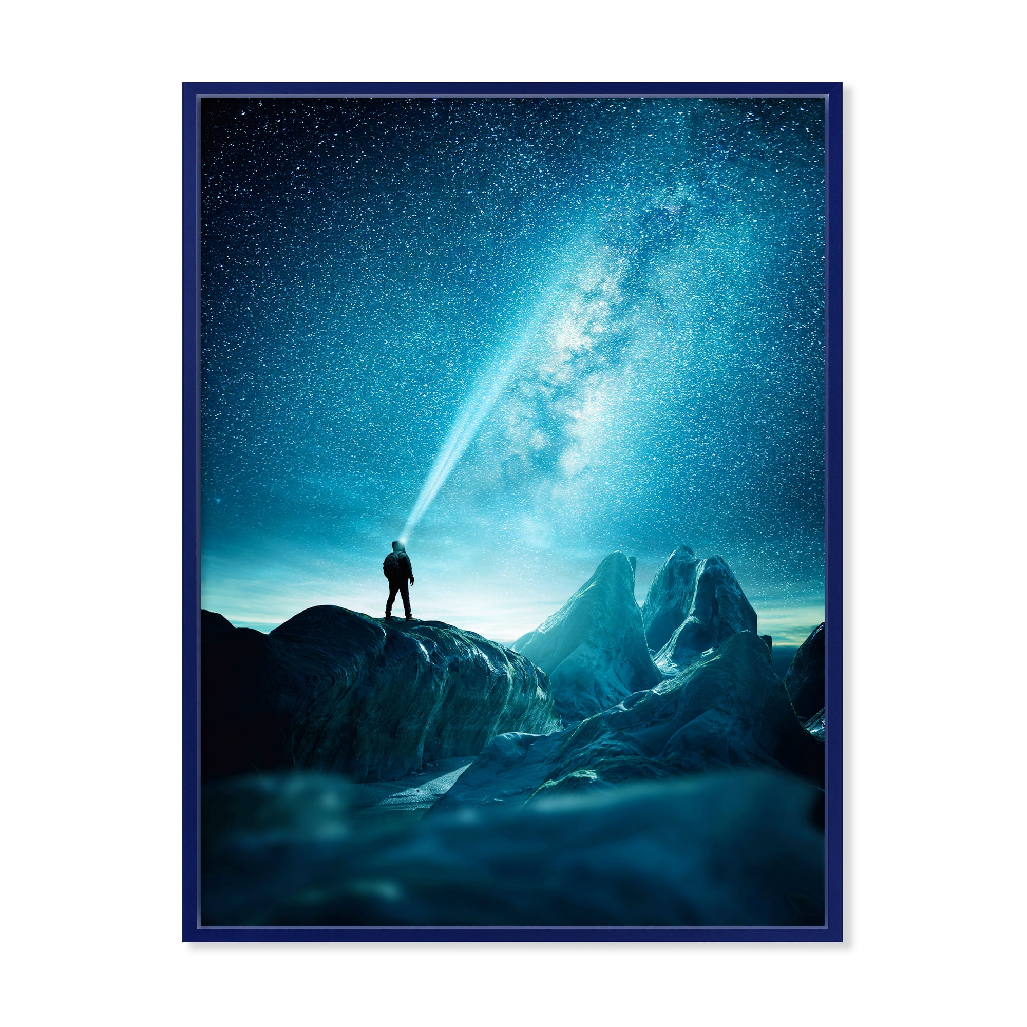 Designart 'A Light Shining by A Man Shining Into The Night Sky' Modern Framed Canvas Wall Art Print