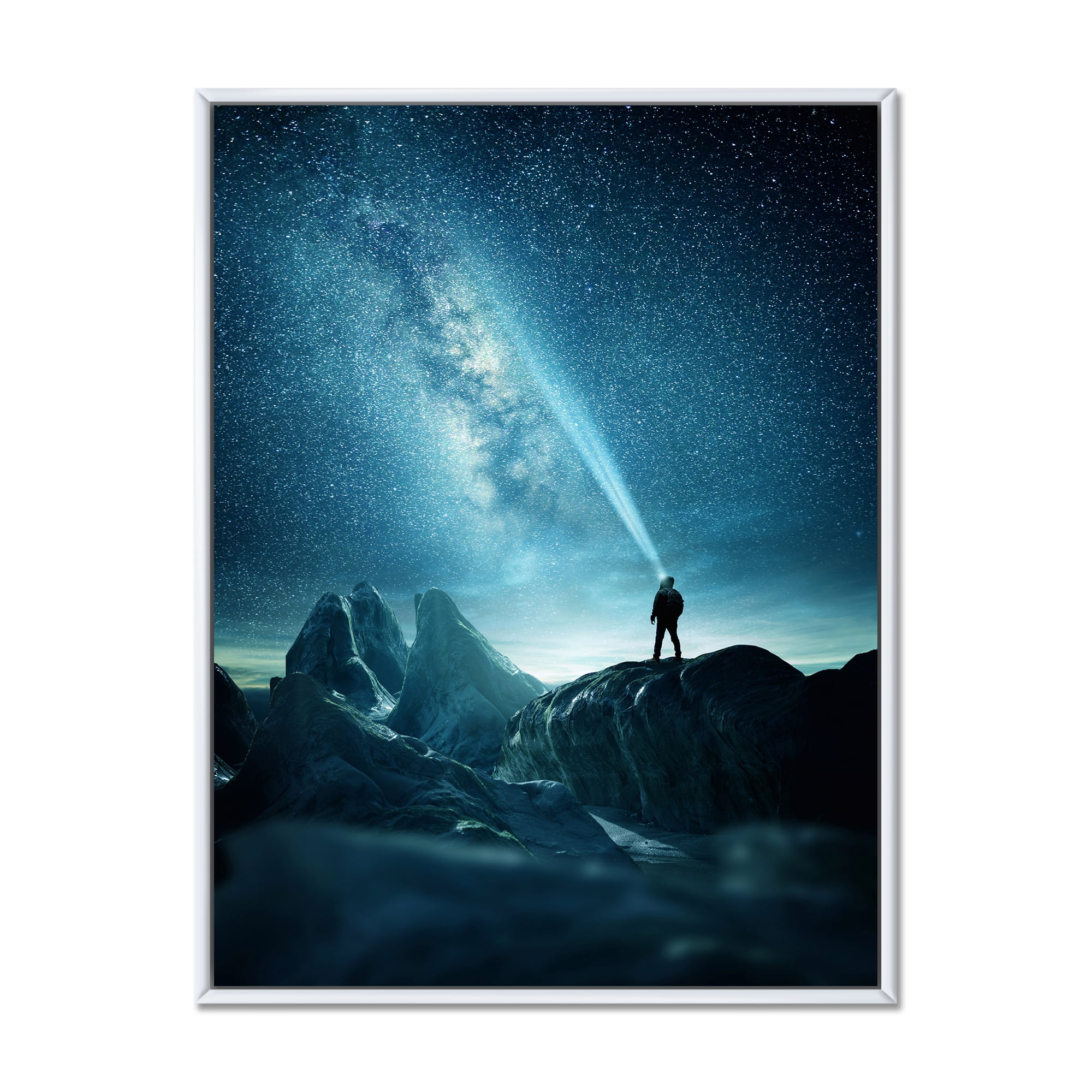Designart 'A Light Shining by A Man Shining Into The Night Sky' Modern Framed Canvas Wall Art Print
