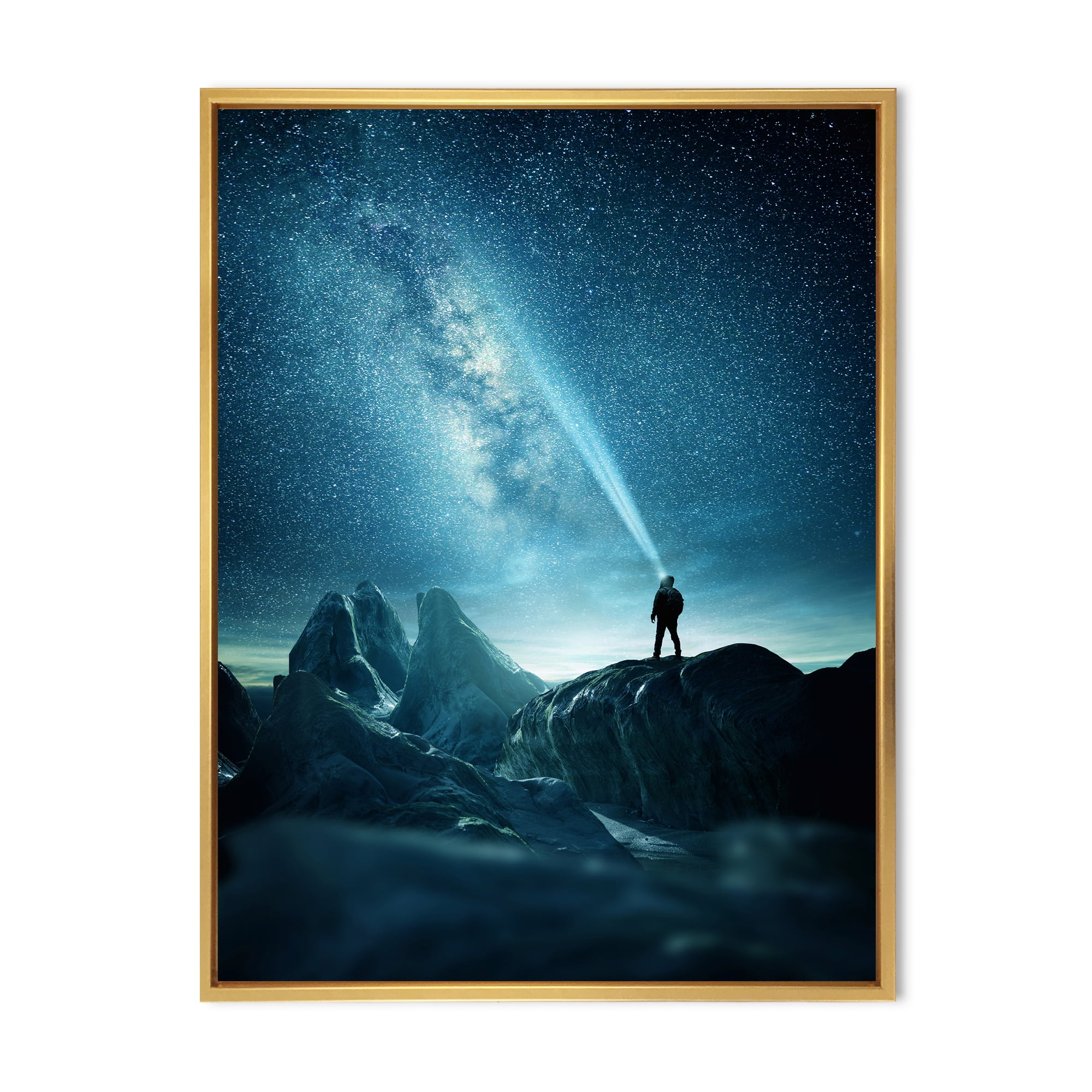Designart 'A Light Shining by A Man Shining Into The Night Sky' Modern Framed Canvas Wall Art Print