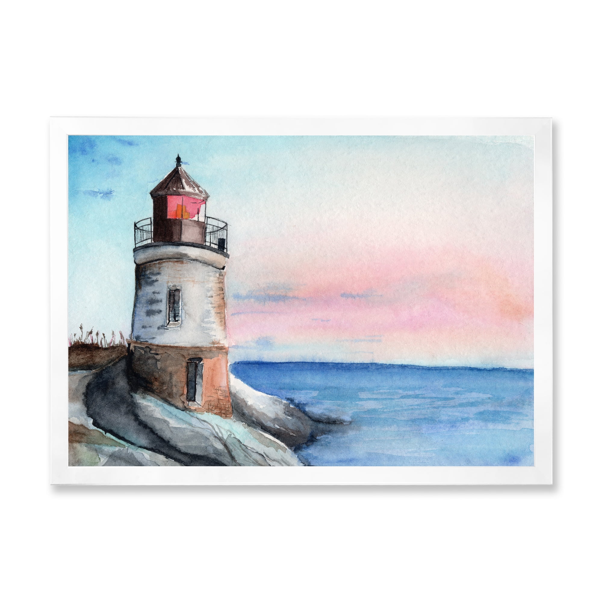 Designart 'A Lighthouse On A Rock Shore At Dawn' Nautical & Coastal Framed Art Print