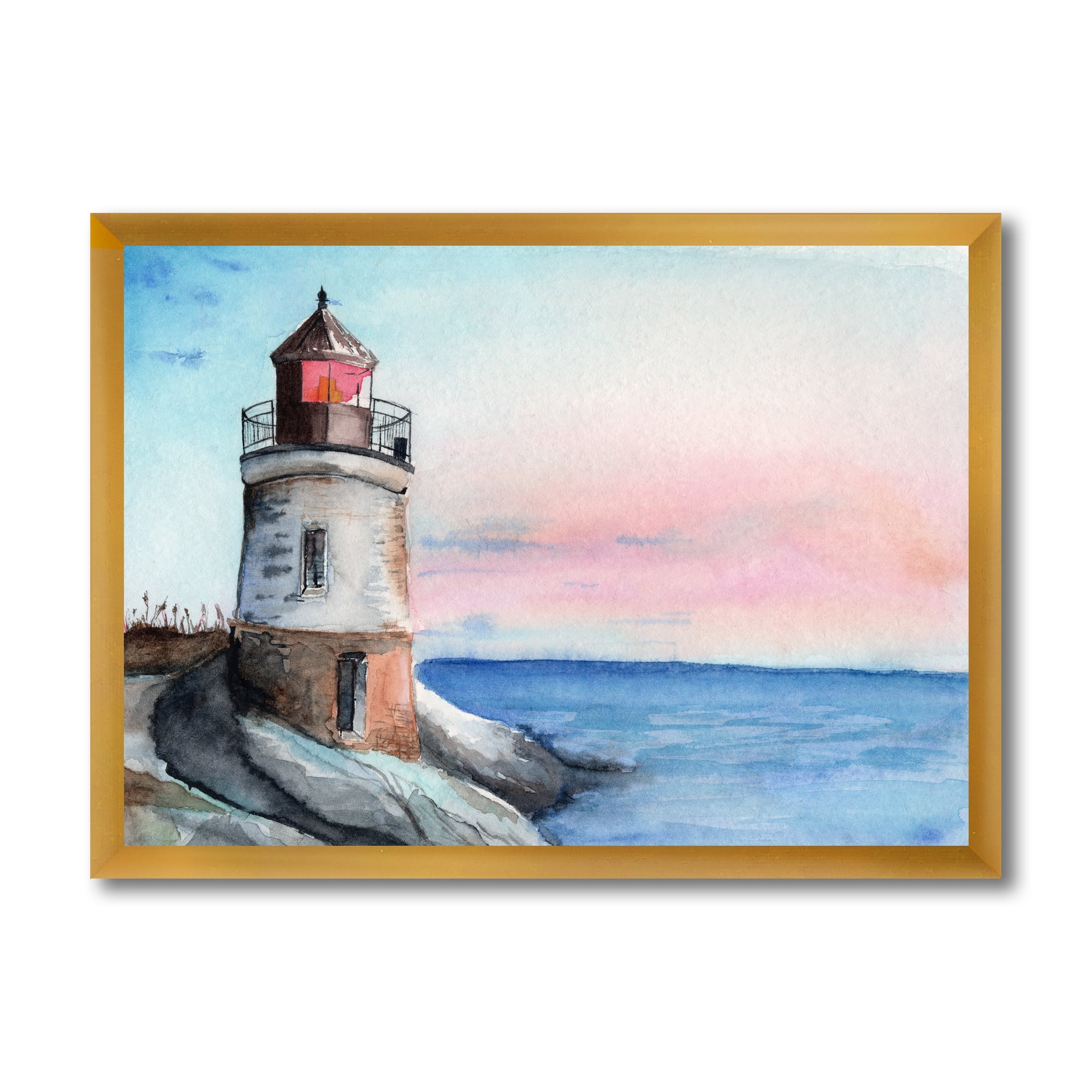 Designart 'A Lighthouse On A Rock Shore At Dawn' Nautical & Coastal Framed Art Print