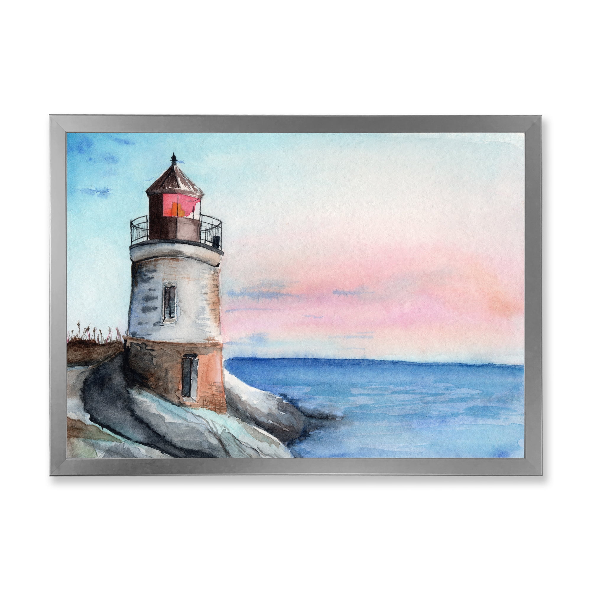 Designart 'A Lighthouse On A Rock Shore At Dawn' Nautical & Coastal Framed Art Print