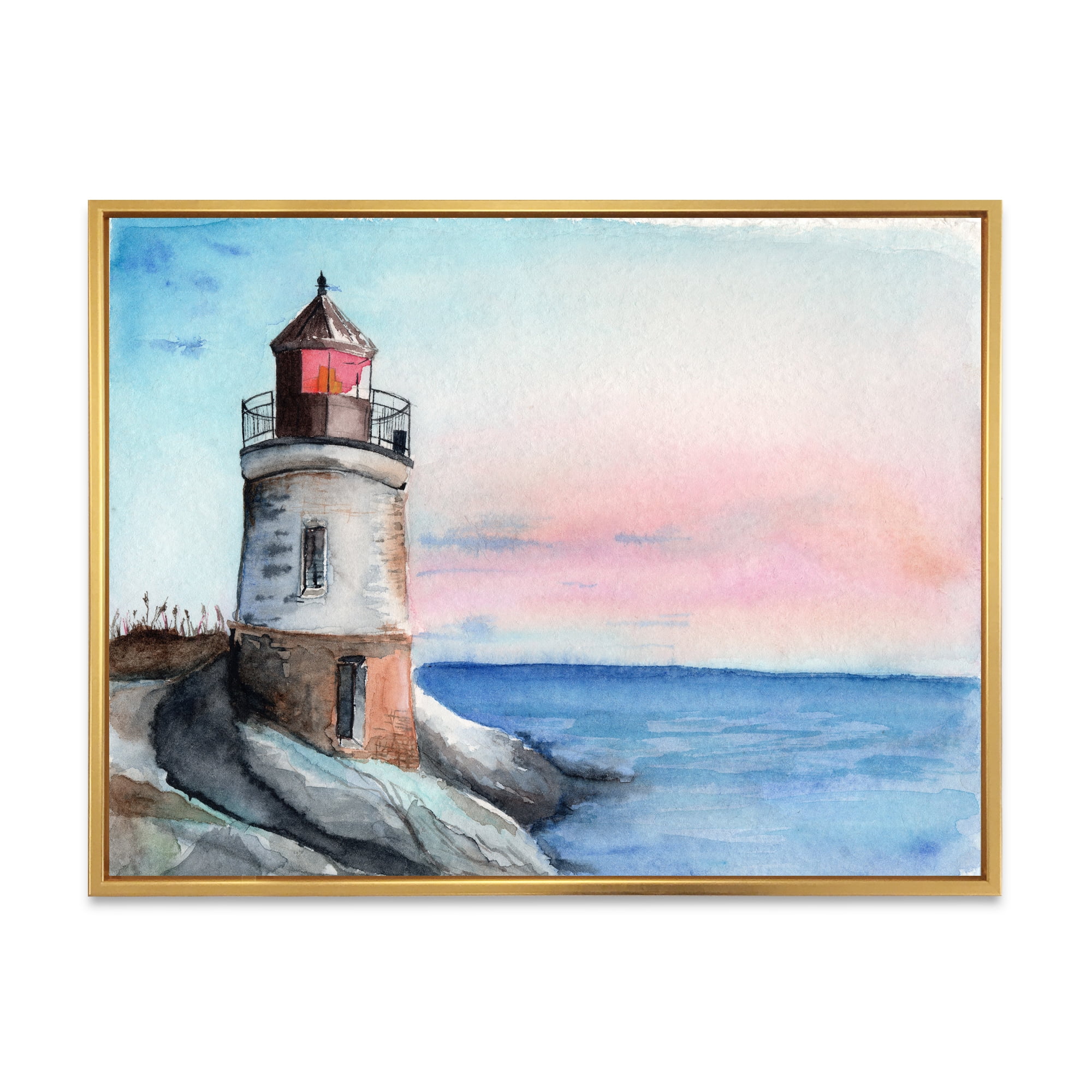 Designart 'A Lighthouse On A Rock Shore At Dawn' Nautical & Coastal Framed Canvas Wall Art Print