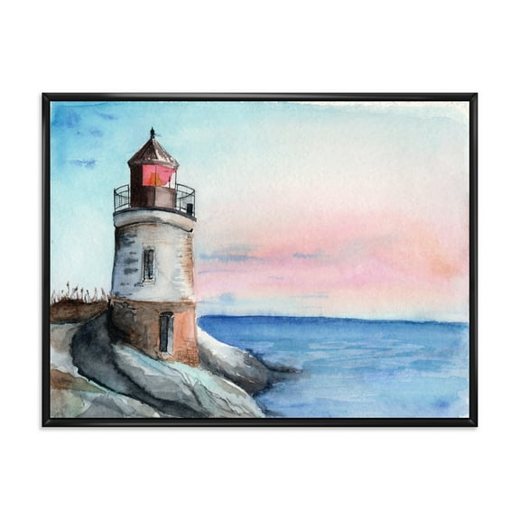 Designart 'A Lighthouse On A Rock Shore At Dawn' Nautical & Coastal Framed Canvas Wall Art Print