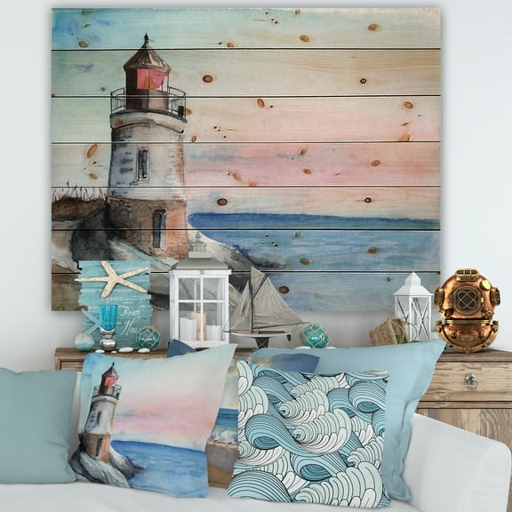 Designart 'A Lighthouse On A Rock Shore At Dawn' Nautical & Coastal Print on Natural Pine Wood