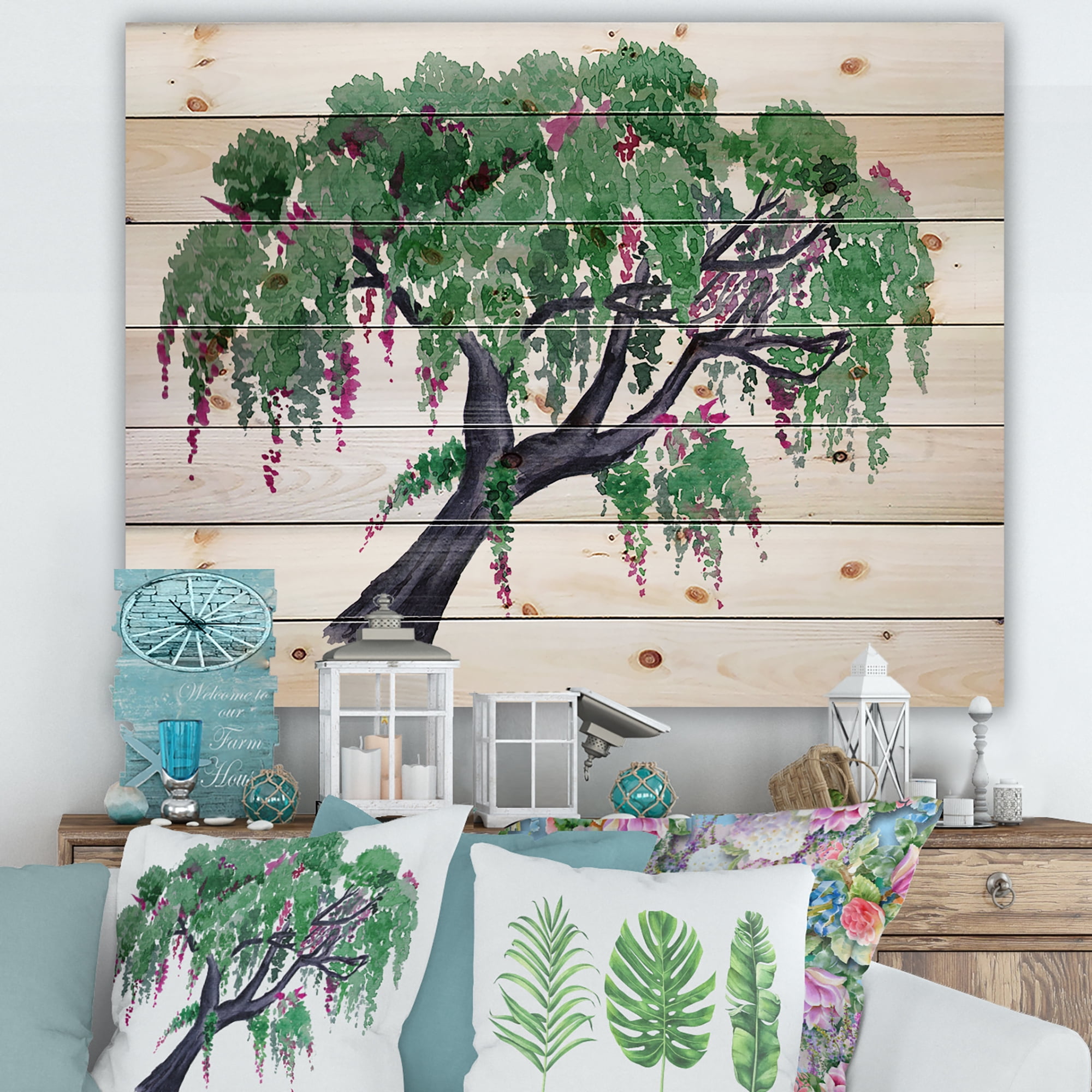 Designart 'A Lonely Tree of Wisteria' Traditional Print on Natural Pine Wood