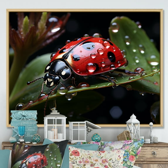Designart "A Lullaby In The Rainy Company Of Ladybugs I" Ladybug Floater Framed Wall Decor