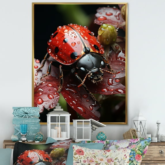 Designart "A Lullaby In The Rainy Company Of Ladybugs II" Ladybug Floater Framed Canvas Art Print