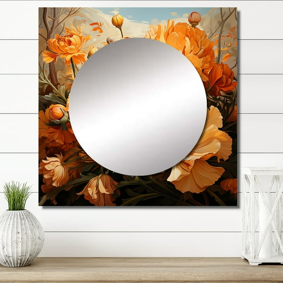 Designart "A Melody of Gold The Marigold s Beauty I" Floral Square Mirror For Wall Decor - Large Gold Square Printed Wall Mirror Art - Square Traditional Mirror - Wall Mounted Square Large Mirror