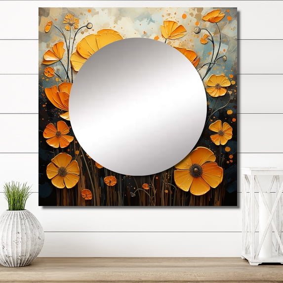 Designart "A Melody of Gold The Marigold s Beauty III" Floral Gold Large Square Mirror - Square Bedroom Mirror Printed Wall Decor - Traditional Square Printed Wall Mirror Art