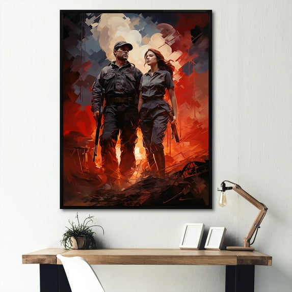 Designart "A Monumental Couple Of Military Defenders" Military Floater Framed Canvas Art Print