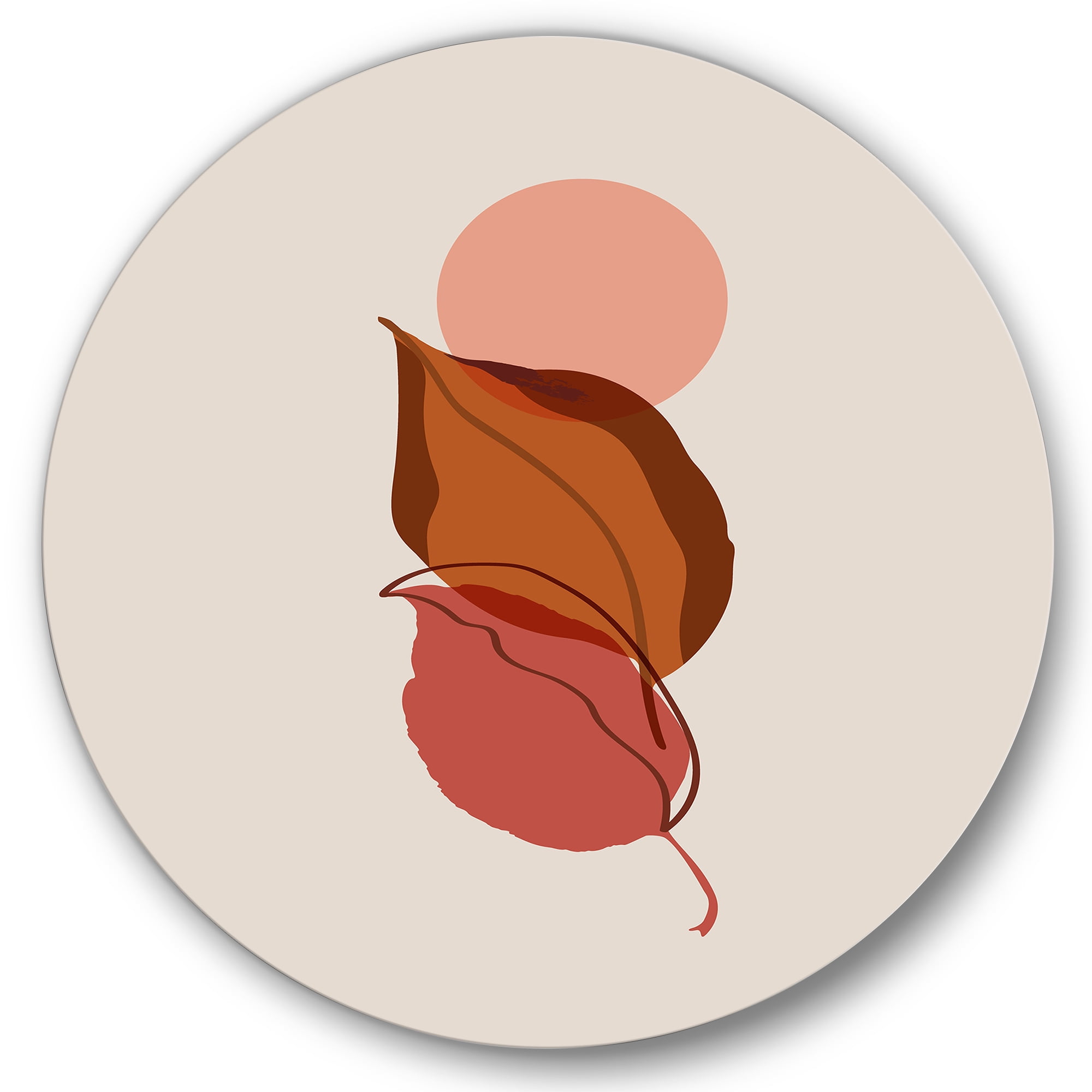 Designart 'A Red Full Moon Over Two Autumn Leaves' Modern Circle Metal Wall Art 23x23 - Disc of 23