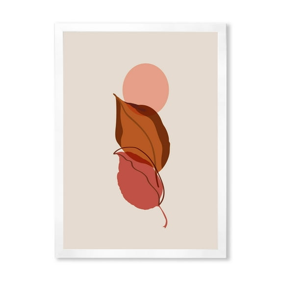 Designart 'A Red Full Moon Over Two Autumn Leaves' Modern Framed Art Print