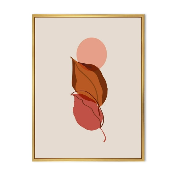 Designart 'A Red Full Moon Over Two Autumn Leaves' Modern Framed Canvas Wall Art Print