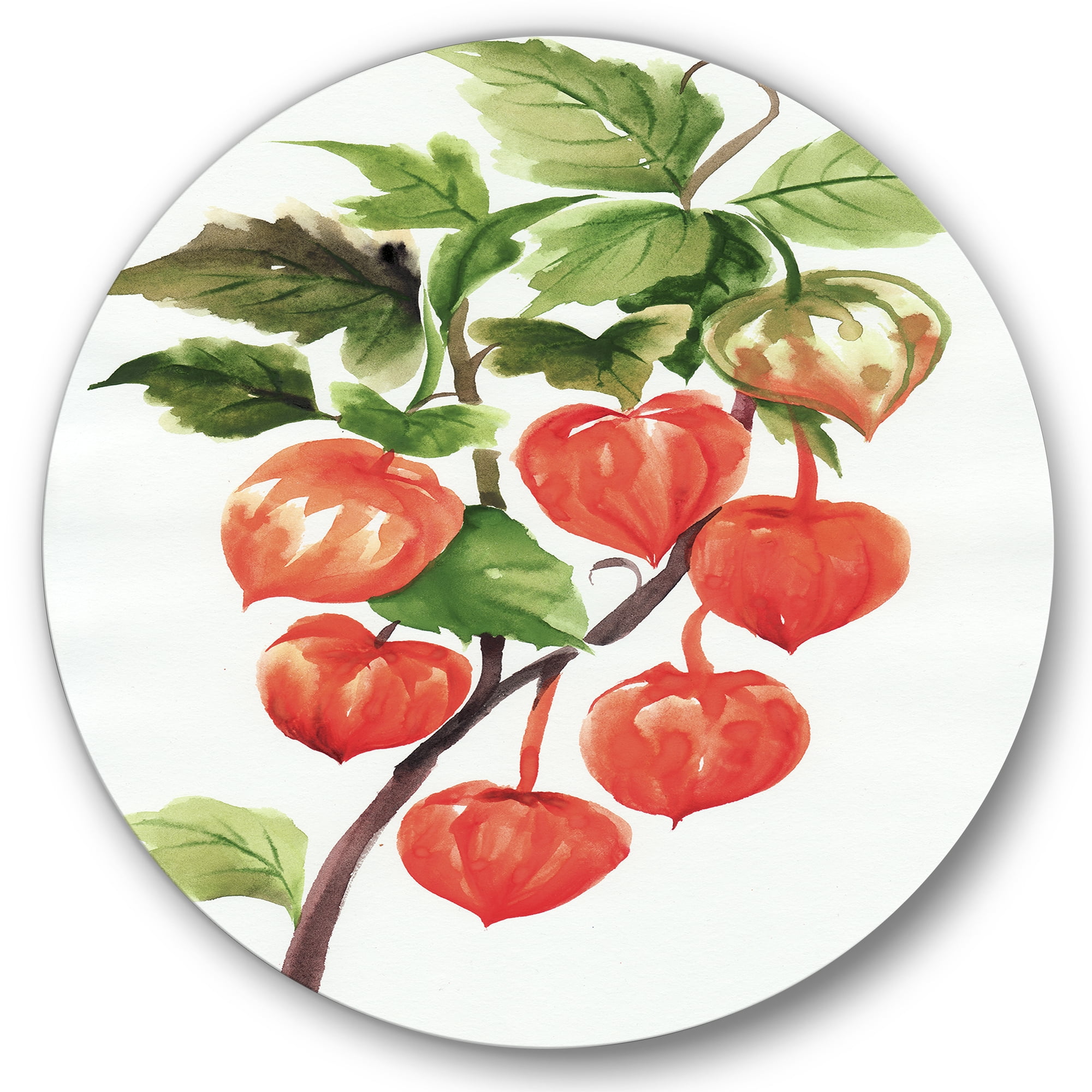 Designart 'A Red Physalis Branch' Traditional Circle Metal Wall Art 29x29 - Disc of 29