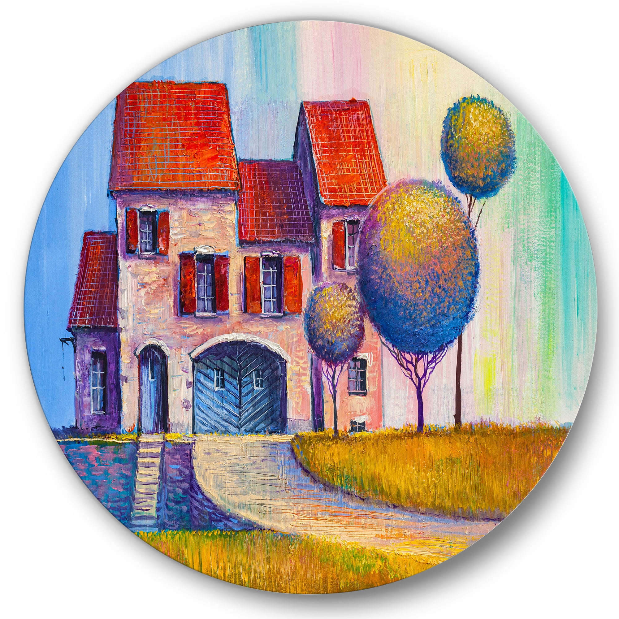 Designart 'A Red Roof House With In The Village' Modern Circle Metal Wall Art 23x23 - Disc of 23