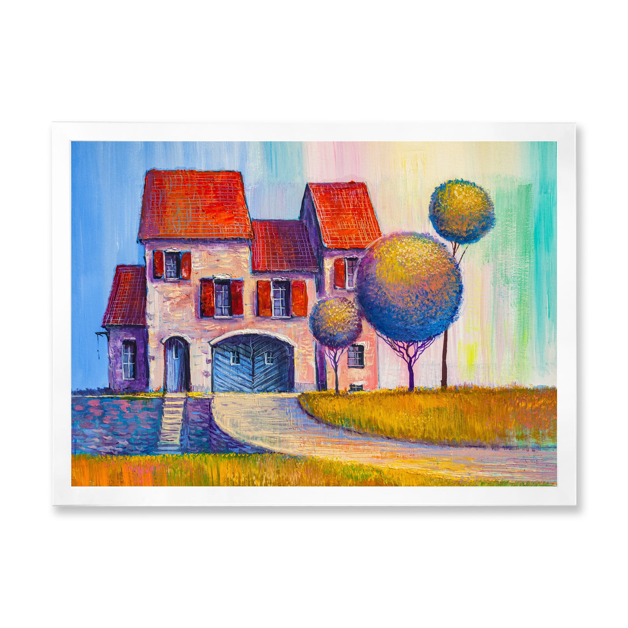 Designart 'A Red Roof House With In The Village' Modern Framed Art Print