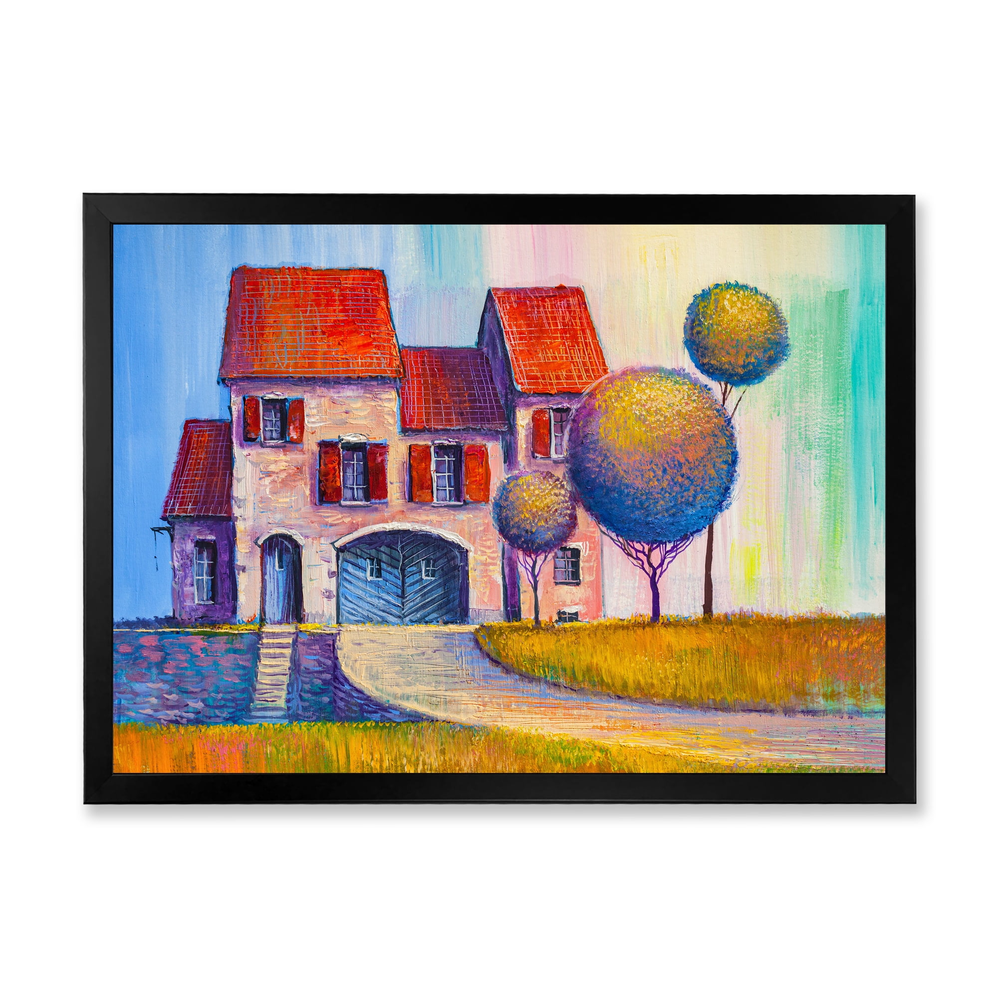 Designart 'A Red Roof House With In The Village' Modern Framed Art Print