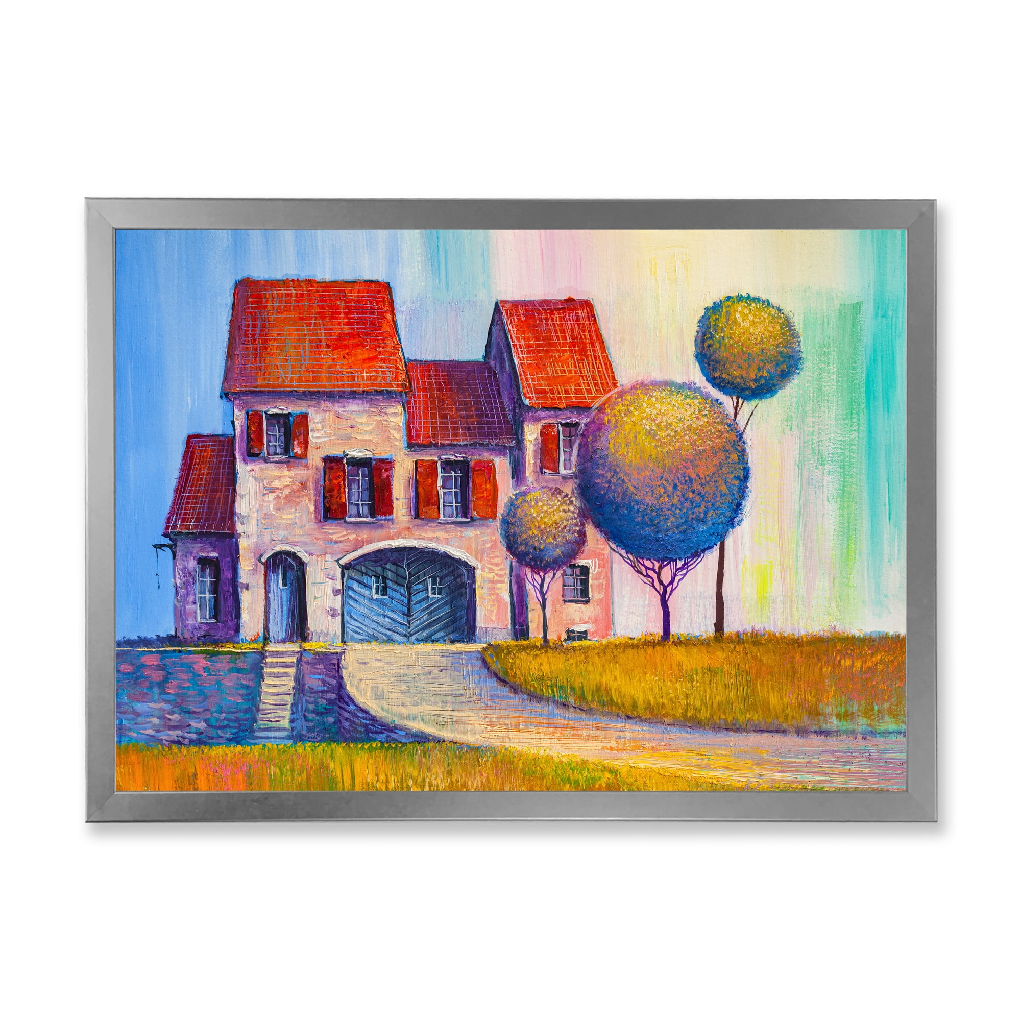 Designart 'A Red Roof House With In The Village' Modern Framed Art Print