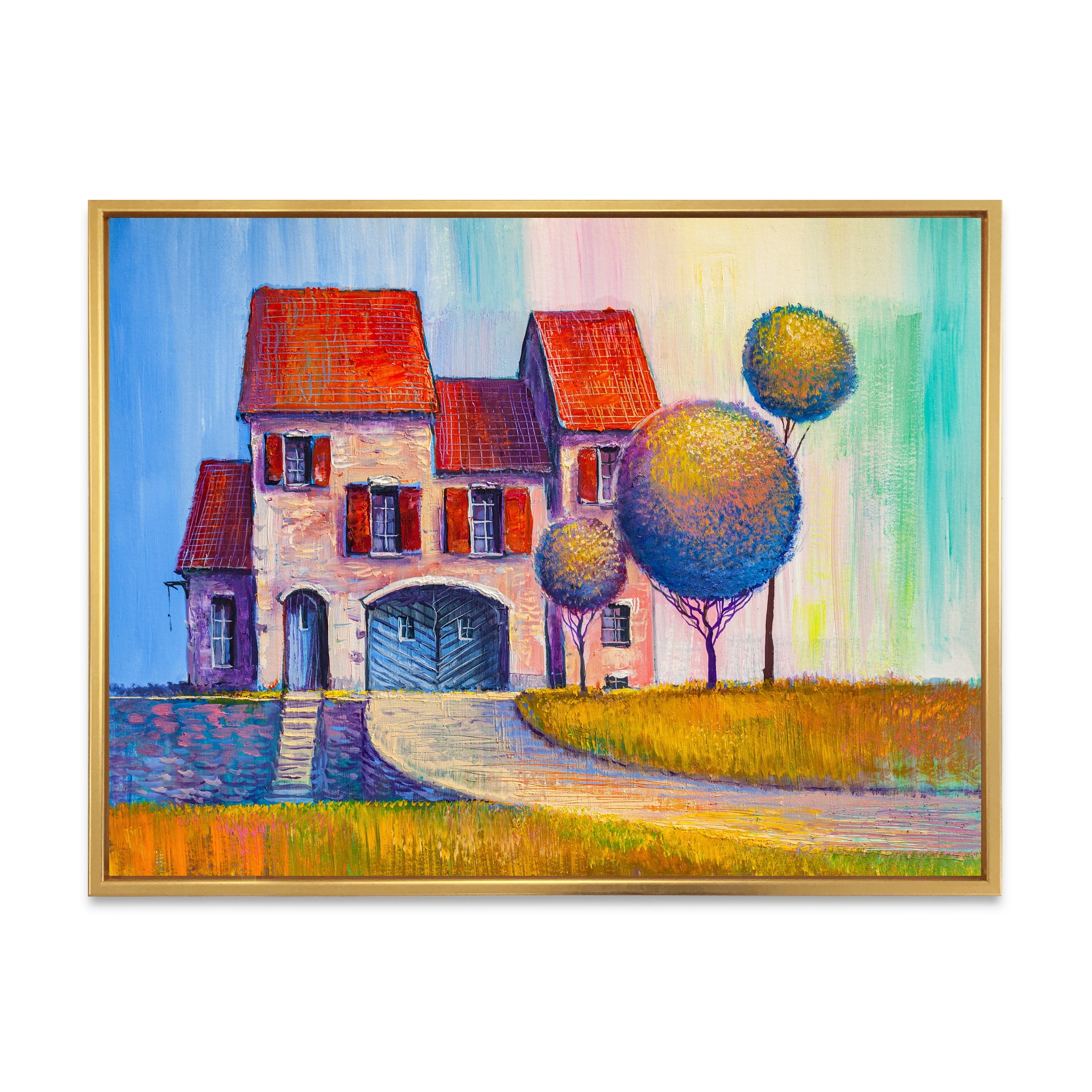 Designart 'A Red Roof House With In The Village' Modern Framed Canvas Wall Art Print