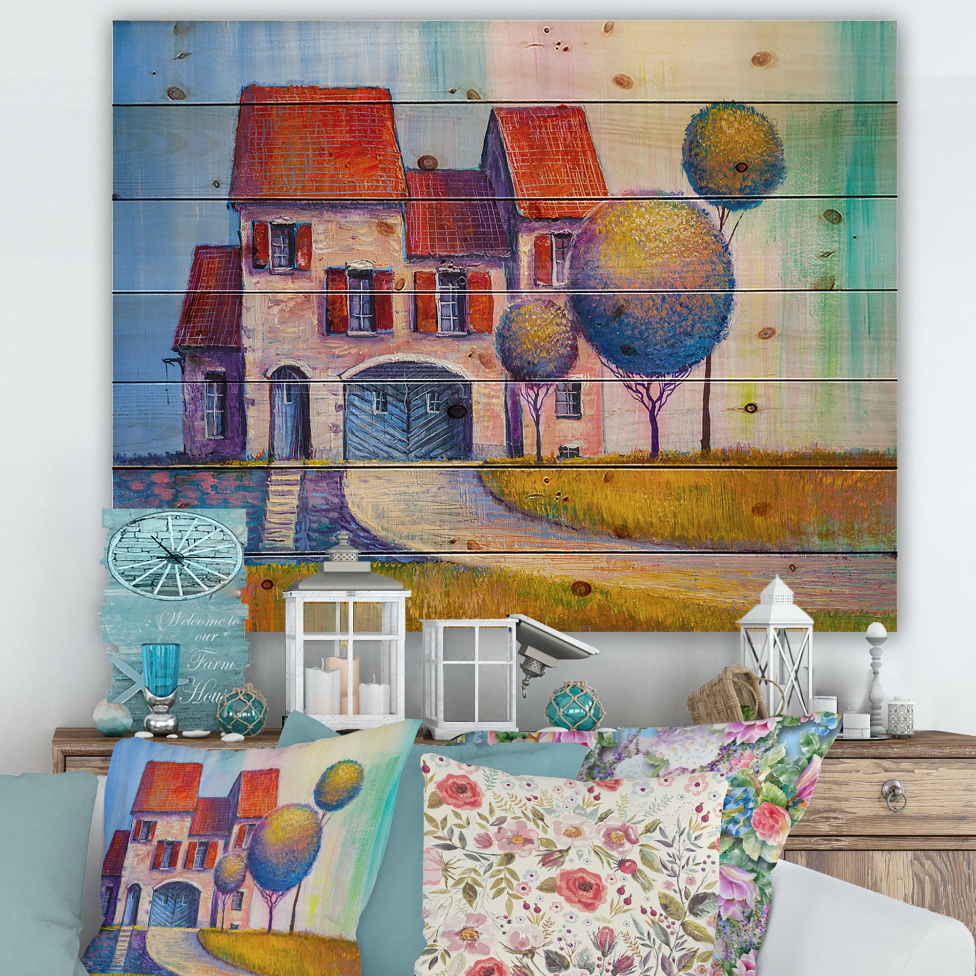 Designart 'A Red Roof House With In The Village' Modern Print on Natural Pine Wood