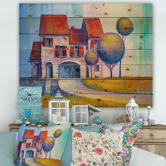 Designart 'A Red Roof House With In The Village' Modern Print on Natural Pine Wood