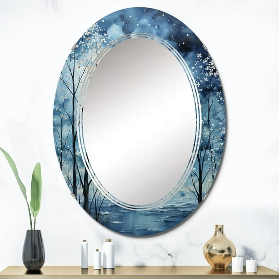 Designart "A Reverie in Blue and White Sky Photo" Floral Round Wall Mirror - Landscapes Oval Printed Decorative Oversized Mirror - Multiple Color Options