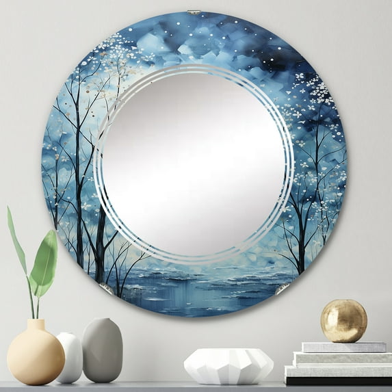 Designart "A Reverie in Blue and White Sky Photo" Floral Round Wall Mirror - Landscapes Oval Printed Decorative Oversized Mirror - Multiple Color Options