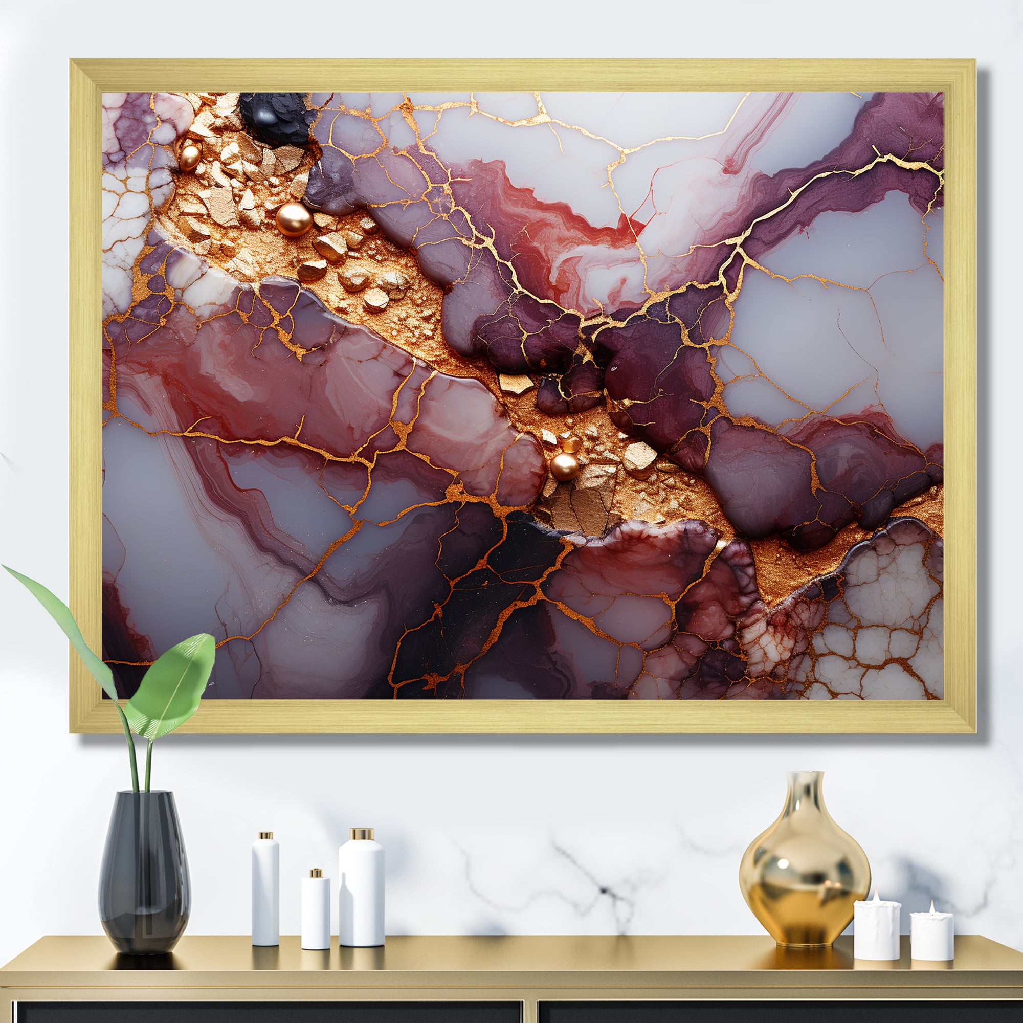 Designart "A River of Pink and Gold Marble VII" Fractal Framed Wall Art
