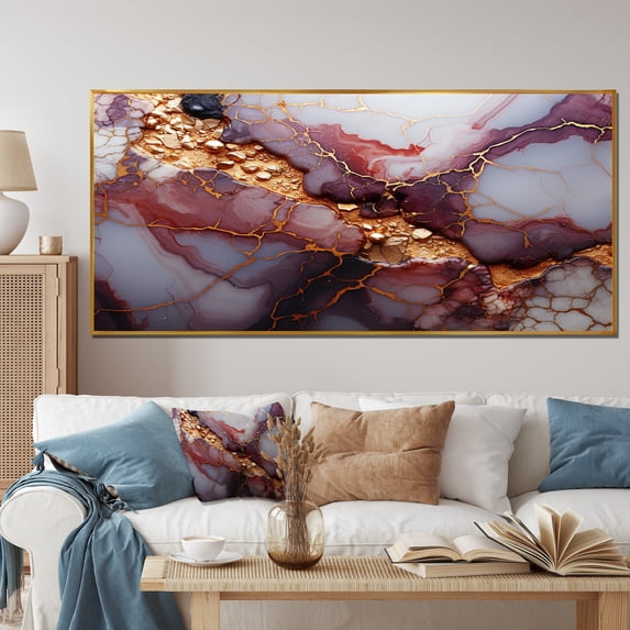 Designart "A River of Pink and Gold Marble VII" Oversized Fractal Framed Wall Art - Modern Gold Abstract Bedroom Framed Canvas Wall Art