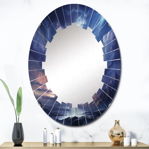 Designart "A Shower of Light Meteors in the Night Sky II" Landscapes Round Wall Mirror - Fantasy Oval Printed Decorative Oversized Mirror - Multiple Color Options