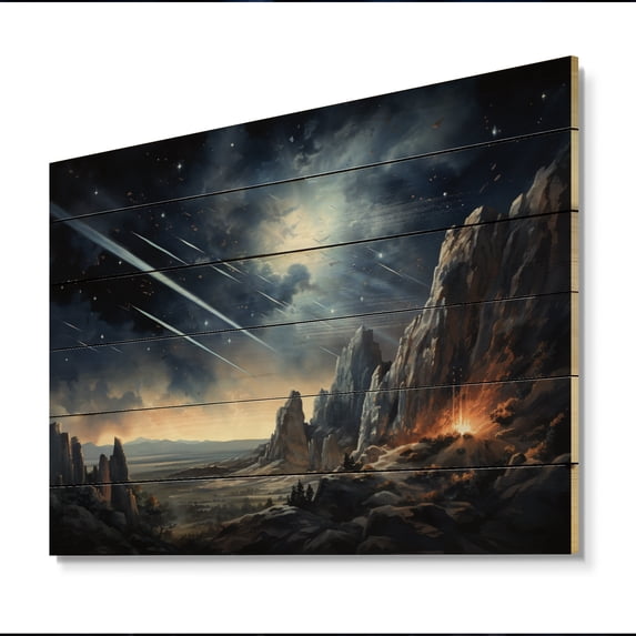 Designart "A Shower of Light Meteors in the Night Sky IV" Landscapes Print on Natural Pine Wood