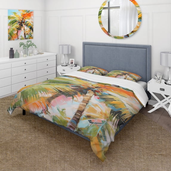 Designart "A Single Palm Tree VII" Floral Bedding Covert Set - Palms & Palm Trees Multi-Color Traditional Bed Set With 1 Sham