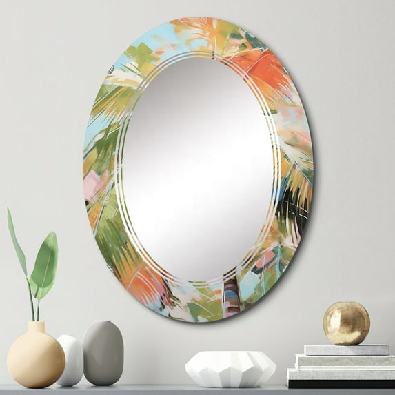 Designart "A Single Palm Tree VII" Floral Round Wall Mirror - Traditional Oval Printed Decorative Oversized Mirror - Multiple Color Options