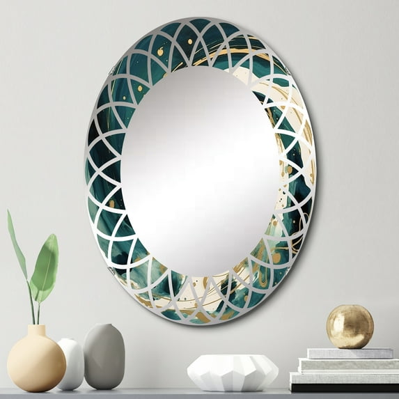Designart "A Spiral in Dark Blue and Gold II" Abstract Spirals Round Wall Mirror - Modern Oval Printed Decorative Oversized Mirror - Multiple Color Options