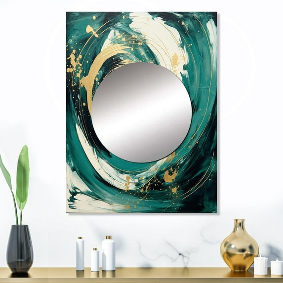 Designart "A Spiral in Dark Blue and Gold I" Abstract Spirals Mirror Wall Decor - Modern Blue Abstract Mirror Wall Art For Bathroom - 32" x 24" Inch
